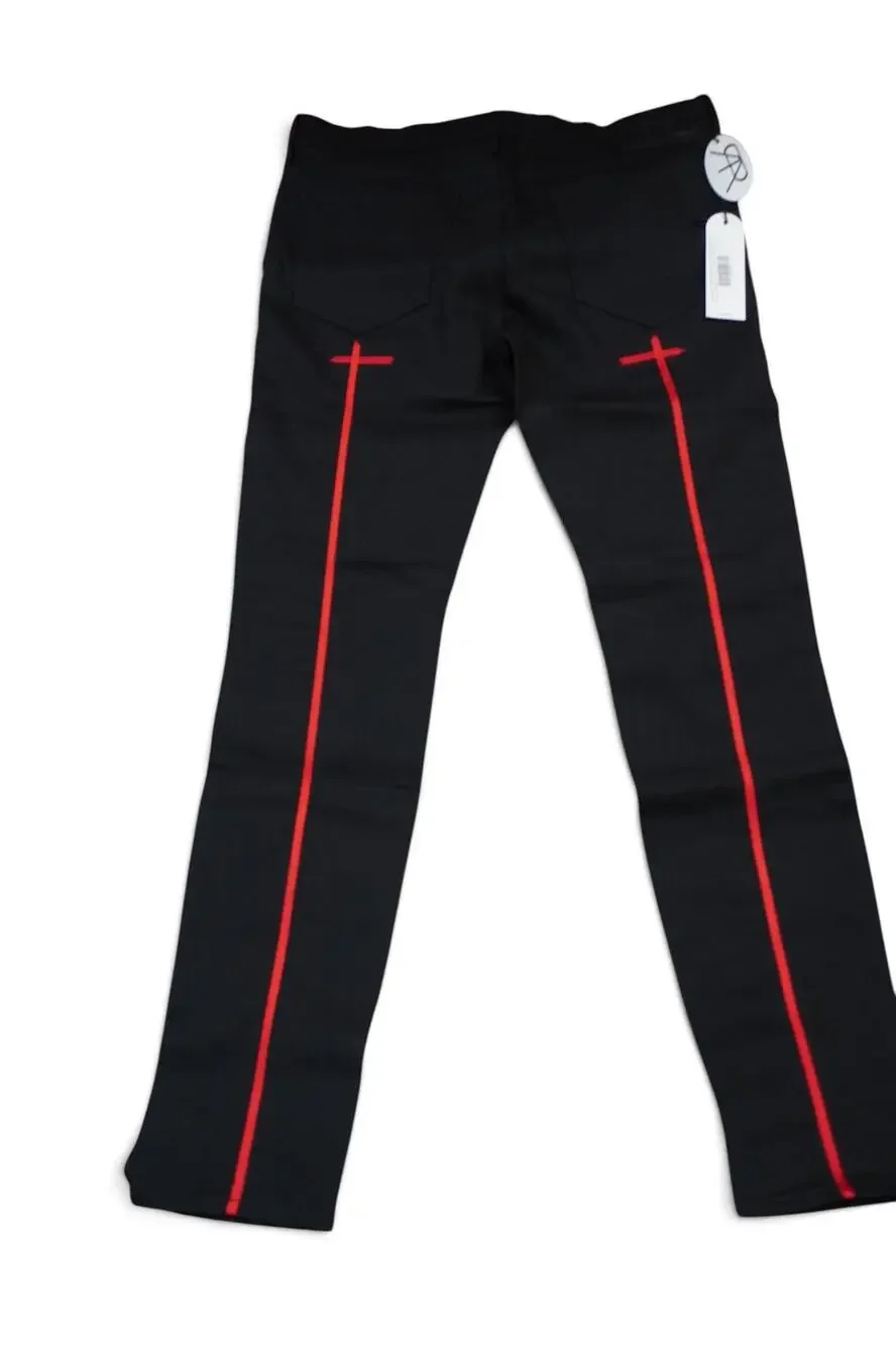 RTA Bryant I Jeans Men 34x32 Black Slim Straight Red Cross Embroidered Denim NWT